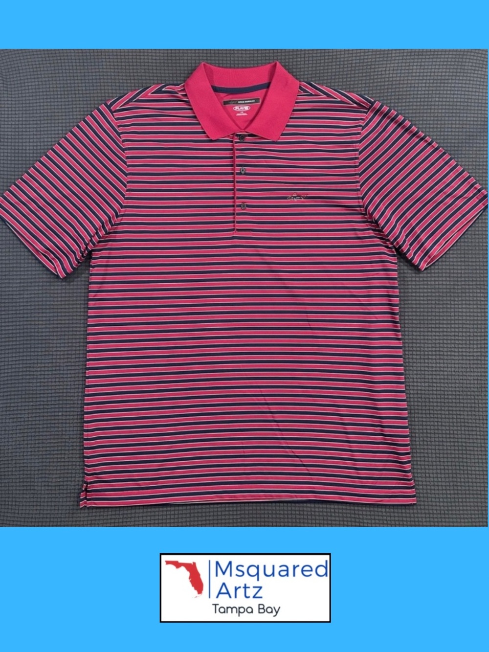 Greg Norman Play Dry Polo Shirt Mens Large Red Striped Shark Logo Golf